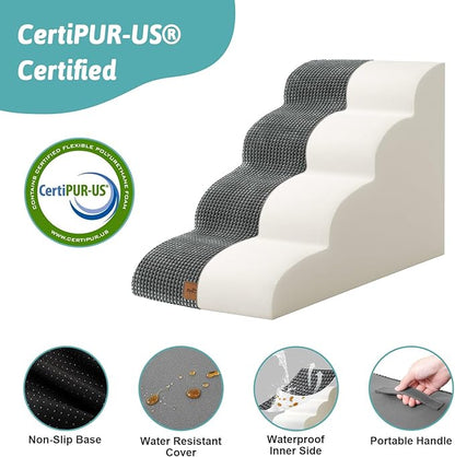 Wide Dog Stairs for Small Dog 19.7" H, Pet Step for Puppy, Older Cat, Curved Ramp for Bed, Durable Anti-Slip Ladder with High Density Foam, 4 Step, 17.7x28x19.7 inch, Charcoal Grey