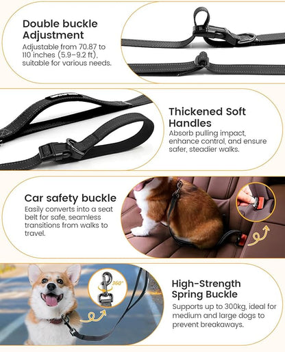 Hands Free Dog Leash, 2-in-1 Detachable Pet Seatbelt,5.9-9.2 ft Crossbody Dog Leash with Double-Sided Reflective for Walking, Hiking, Travel etc (Black)