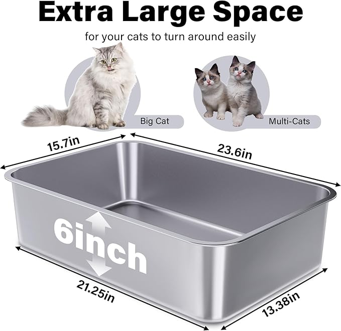 Stainless Steel Litter Box 2 Pack, 23.6“x15.7"x6" Deep Stainless Steel Cat Litter Box Extra Large, XL Metal Litterbox for Big Cats with High Sides, Non Stick Surface, Easy to Clean