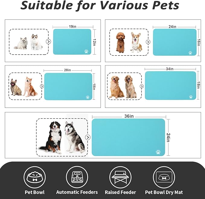 Dog Food Mat - Absorbent Cat Mat for Food and Water, No Stains Pet Feeding Bowl Mat, Easy to Clean Pet Placemats, Quick Dry Dog Water Dispenser Mat for Messy Drinkers | Paw Teal 16"x 24"
