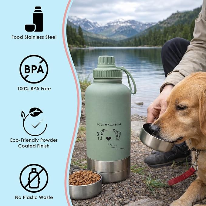 Love Wag & Play Dog Water Bottle with Food Bowls, Portable Stainless Steel Bottle for Dogs, Leakproof Travel Design with Detachable Bowls for Walks, Hikes and Outdoor Adventures (32 oz)