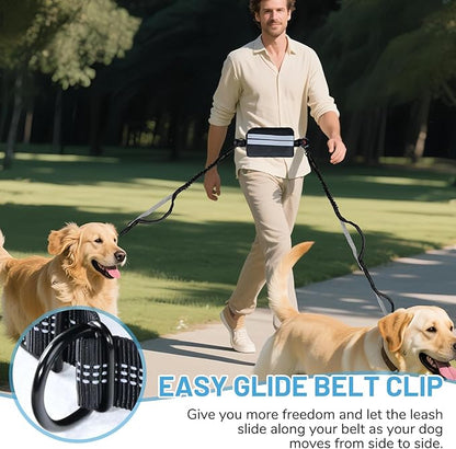 Hands Free Double Dog Leash No Tangle, Waist Leash for Dog Walking, Retractable Dog Leashes for Medium and Large Breeds-Pouch & Lumbar Support, Adjustable Waist Belt, Retractable Bungee,Padded Handles