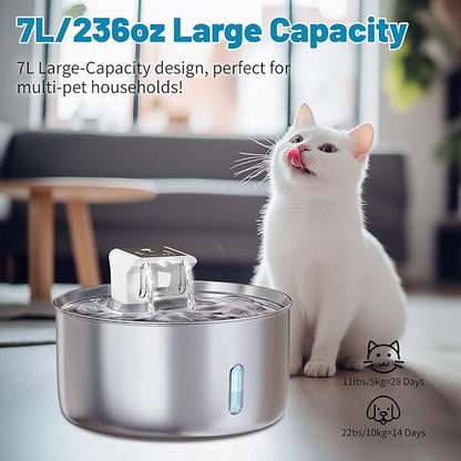 Wireless Dog Water Fountain - Dog Water Bowl Dispenser, 7L/236oz Large Capacity Stainless Steel Cat Fountain with Motion Sensor, Auto Water Dispenser for Multi-Pet Home (Circle+5 Filters+5 Sponges)