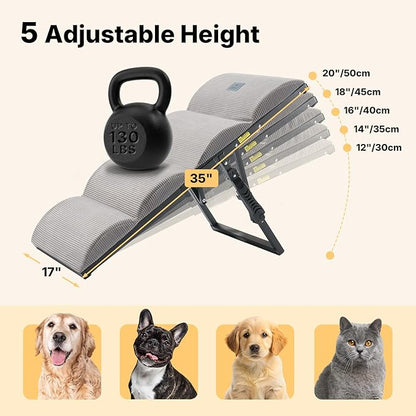 Veehoo Dog Ramp for Bed Couch for Small to Large Dog, Foldable Ramp for Dogs to Get on Bed 5 Adjustable Height from 12" to 20", Pet Cat Stairs Doggy Steps Non Slip with Metal Frame, Up to 130lbs