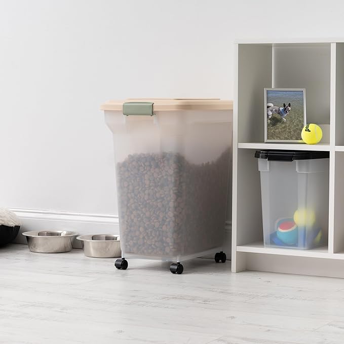 IRIS USA Dog Food Storage Container 58 lbs, Attachable Wheels, for Dog Cat Birds and other Pets, Food Storage Bin, Keep Fresh, Easy Mobility, BPA Free - Made in the USA, Almond/Clear