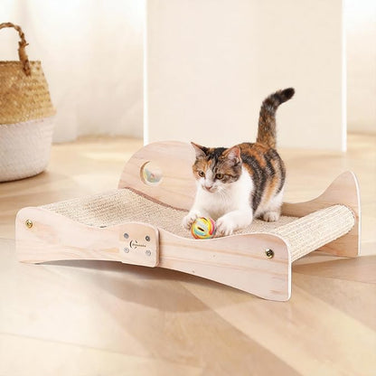 Extra Large 3-in-1 Cat Scratcher Bed with Toy Balls: Natural Sisal Scratching Pad, Cat Indoor Scratching Bed for Large Cats Non-Tip Wood Base Multi-Cat Scratching Board & Scratching Couch Fish Design