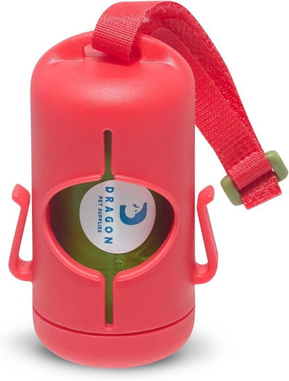 DRAGON Waste Bags Durable Dispenser, Dog poop bags holder with Two Hooks on the side for Used Poop Bags, leash attachment strap and 15 Poop Bags (RED)