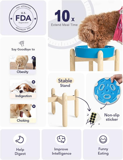 LE TAUCI Ceramic Slow Feeder Raised Dog Bowls with Wooden Stand, Puzzle Feeder, Elevated Dog Dishes to Slow Down Eating, 8 Inch Anti-Gulping Pet Feeding Dishes for Medium Dog