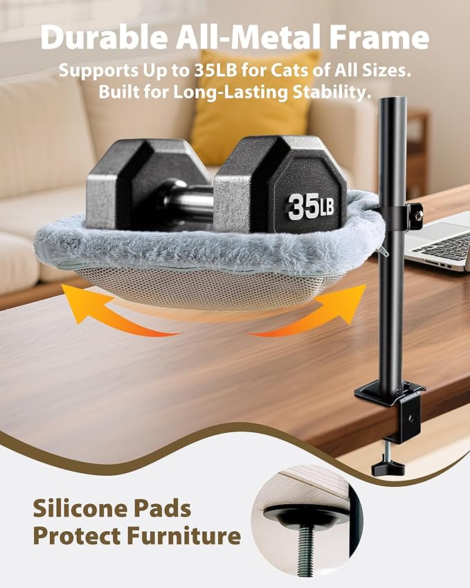 L&W BROS. Cat Desk Bed – Clamp-On Desk Cat Hammock with 360° Rotating Arm, Adjustable Height Cat Perch for Desk, Heavy Duty Metal Frame, Dual-Sided Washable Cover, Holds Up to 35LB