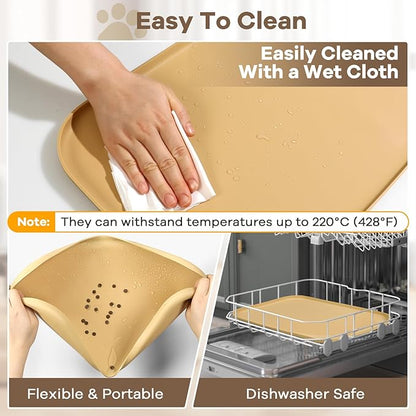 Silicone Pet Food Mat with Raised Edge for Food and Water Bowl, Dog Feeding Mats, Cat Food Trays for Floor Waterproof, Rubber Tray for Dogs and Cats, 19 x 12 x 0.7 Beige