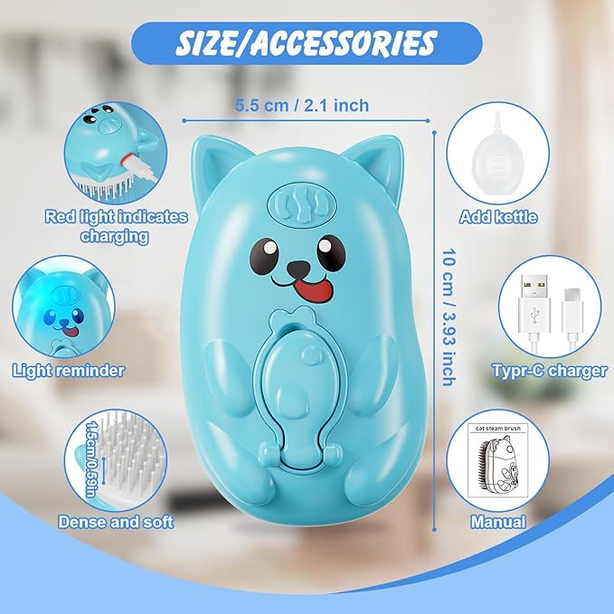 3 in 1 Cat Steam Brush for Shedding, Pet Steam brush for Dog & Cat Shedding & Grooming, for Long & Short Haired Pets, Spritz Defur Comb (sky blue)