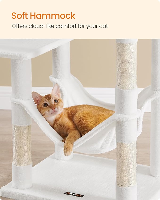 Feandrea Cat Tree, 55.1-Inch Cat Tower, Plush Multi-Level Condo with 4 Scratching Posts, 2 Perches, Hammock, Cave, Cream White UPCT161T01