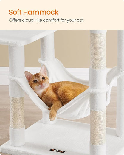 Feandrea Cat Tree, 55.1-Inch Cat Tower, Plush Multi-Level Condo with 4 Scratching Posts, 2 Perches, Hammock, Cave, Cream White UPCT161T01
