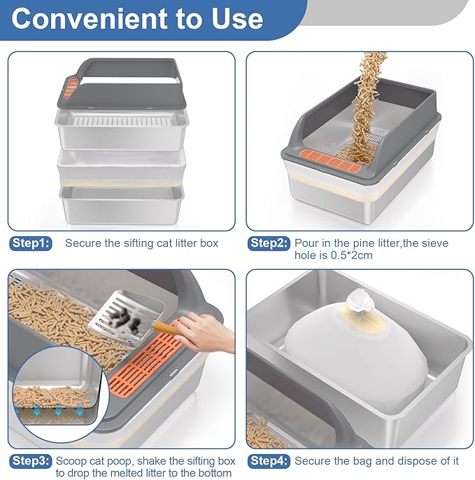 Stainless Steel Sifting Litter Box with Lid, XL Extra Large Sifting Cat Litter Box for Pine Pellets & Big Cats,Metal Pellet Sifter Litter Pan System for Odor Control,Sifting Box Liners & Scoop