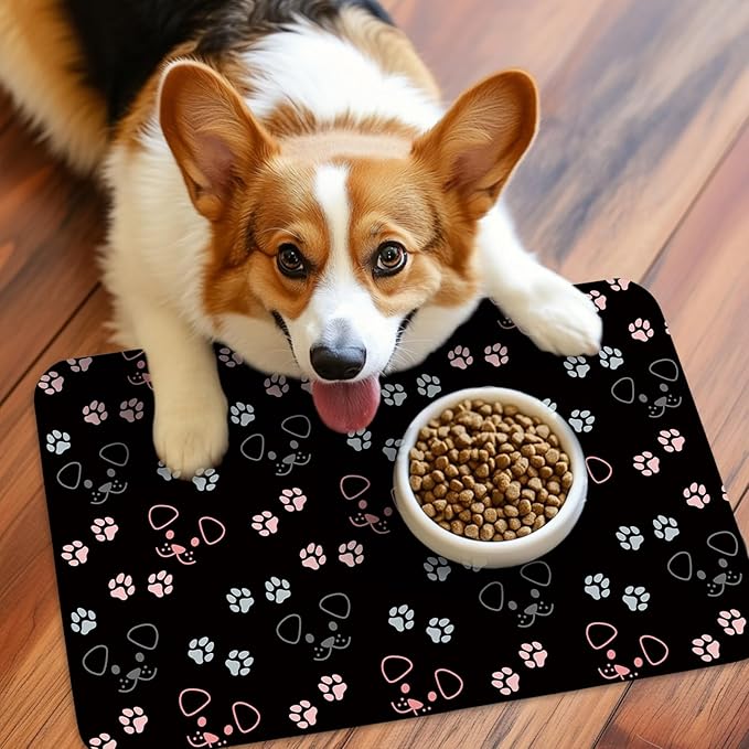 Patterned Cat & Dog Bowl Mat for Food and Water, 12"×20" Quick Dry Absorbent Pet Feeding Mat, Eco-Friendly Dog Placemat