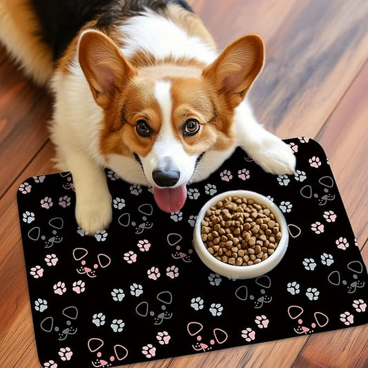 Patterned Cat & Dog Bowl Mat for Food and Water, 12"×20" Quick Dry Absorbent Pet Feeding Mat, Eco-Friendly Dog Placemat