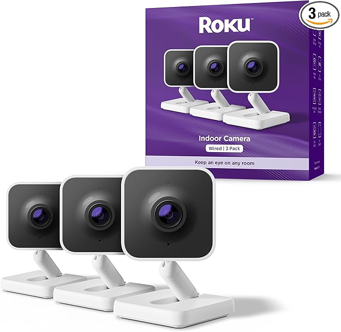 Roku Indoor Camera - Home Security - 3-Pack - Wired Security Camera & Pet Monitor with 1080p HD Color Night Vision, Compatible with Alexa & Google, Motion & Sound Detection, WDR & WiFi 6