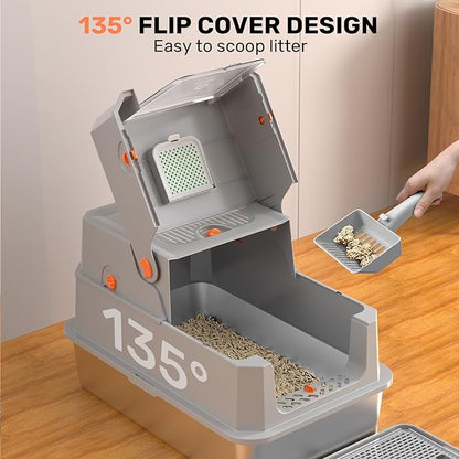 Stainless Steel Litter Box with Lid, Anti-Leakage Enclosed Metal Litter Box, Flip-Top Extra Large Kitty Litter Pan with Scoop & Pedal, Odor Free, Front & Top Dual Entry, Light Gray