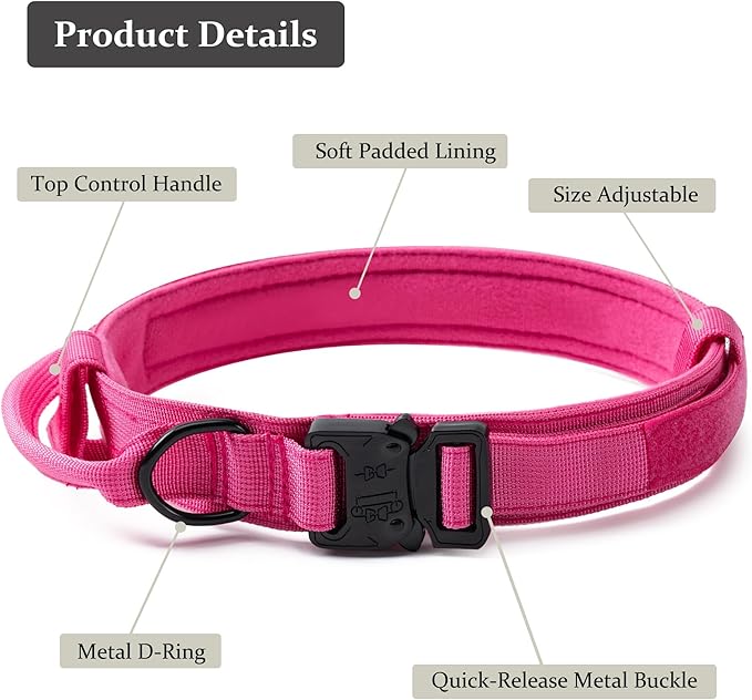 Tactical Dog Collar, Adjustable Military Training Nylon Dog Collar with Control Handle and Heavy Quick-Release Metal Buckle for Small Medium Large Dogs,Pink XL