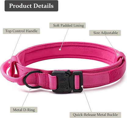Tactical Dog Collar, Adjustable Military Training Nylon Dog Collar with Control Handle and Heavy Quick-Release Metal Buckle for Small Medium Large Dogs,Pink XXL
