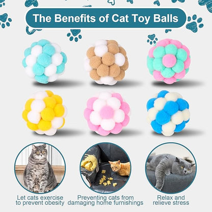 Cat Toys Balls 6 Pieces with Bells 5cm Soft Cat Pom Poms Balls Cats Interactive Ball Toy for Cats Kitten Indoor Outdoor Playing Chewing Scratching