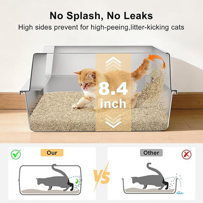FURTIME Stainless Steel Cat Litter Box with Lid, Metal Kitty Litter Box for Small Cats, Kitten Litter Boxs with Scoop and Mat, Non-Sticky, Anti-Leakage, Easy to Clean, 17"x13"x8.4" (Small)