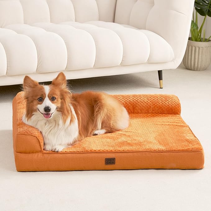 EHEYCIGA Large Dog Bed Memory Foam for Crate, Orthopedic Dog Bed Large Size Dogs with Washable Removable Cover, Waterproof Pet Sofa Couch with Nonskid Bottom, 35x22x6, Pumpkin