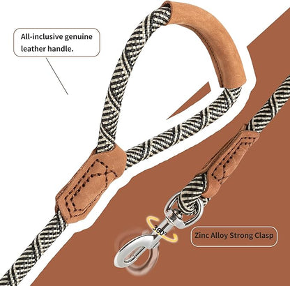 Mile High Life | Premium Leather Handle Dog Leash | Strong Rope Leash | Zinc Alloy Strong Clasp | Small Medium Large Dogs | 4/5/6 Feet(White, 60 Inch (Pack of 1))
