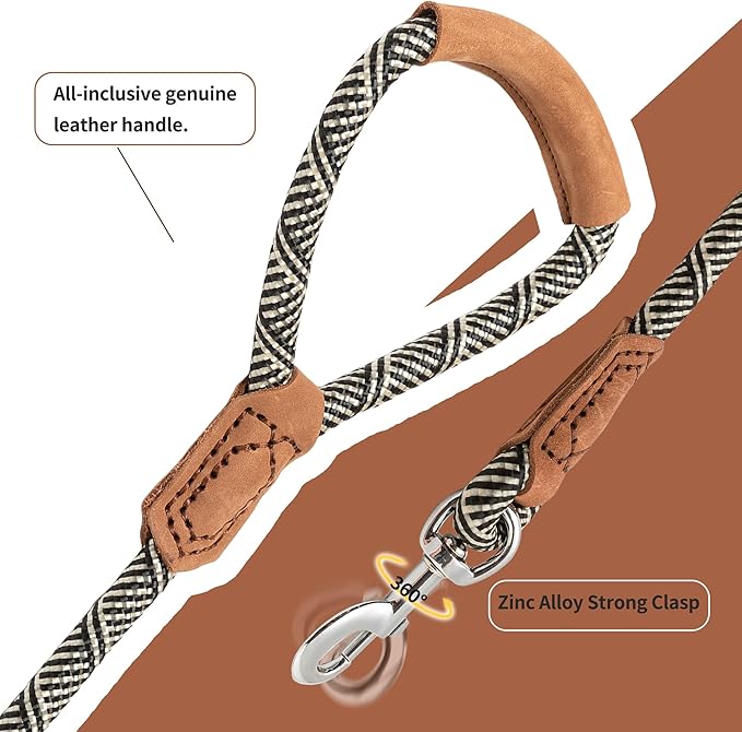 Mile High Life | Premium Leather Handle Dog Leash | Strong Rope Leash | Zinc Alloy Strong Clasp | Small Medium Large Dogs | 4/5/6 Feet(White, 72 Inch (Pack of 1))