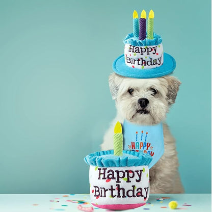 Dog Birthday Cake Toy, Happy Birthday Cake Shaped Squeaky Dog Toys for Medium & Large Dogs Funny Dogs Gifts Plush Dog Party Toys, Large, Blue