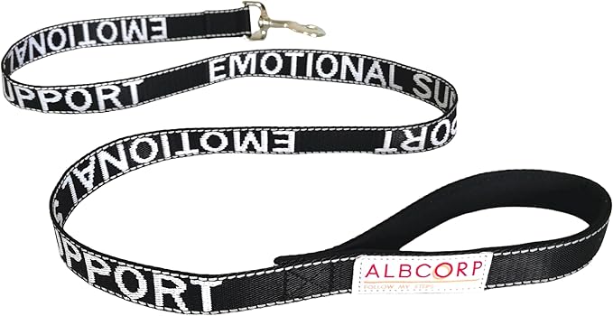 Albcorp Emotional Support Dog Leash 4 FT x 1 Inch – Reflective ESA Leash with Embroidered Emotional Support Lettering, Heavy-Duty Nylon, Padded Neoprene Handle, (Black, Emotional Support)