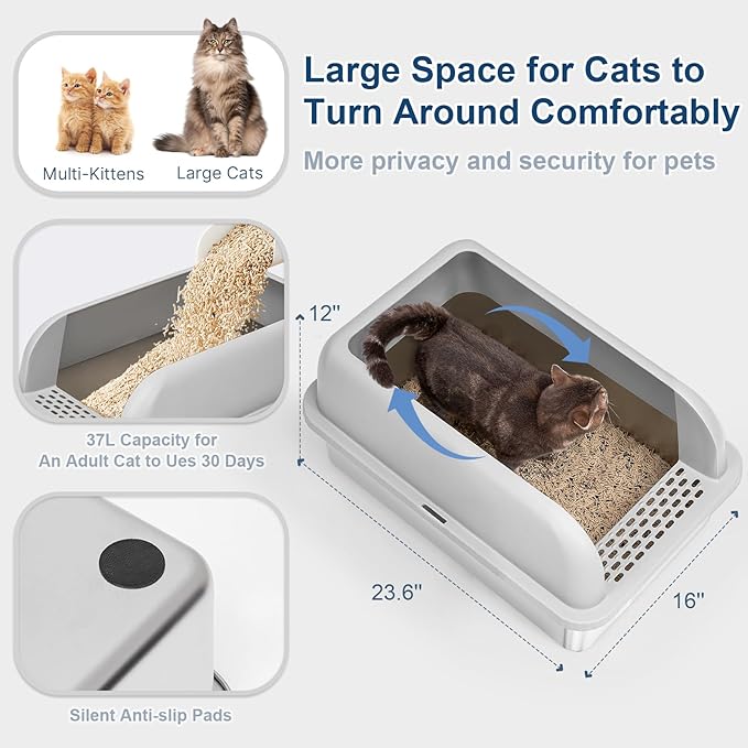 Extra Large Stainless Steel Litter Box with Lid, High Sides Enclosed Cat Litter Box for Big Cats & High Peeing, Anti-Leak & Odor Control Metal Litter Pan, Easy Clean Non-Stick Kitty Litter Box