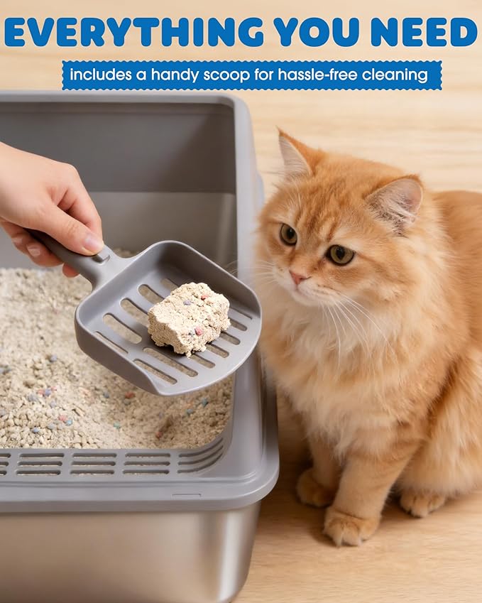 Stainless Steel Cat Litter Box, Metal Litter Box with Scoop, High- Sided, Anti-Leakage Top Entry, Non-Sticky, Easy to Clean, Grey, M (2 Pack)