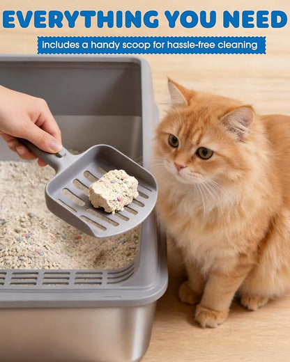 Stainless Steel Cat Litter Box, Metal Litter Box with Scoop, High- Sided, Anti-Leakage Top Entry, Non-Sticky, Easy to Clean, Grey, XL (2 Pack)
