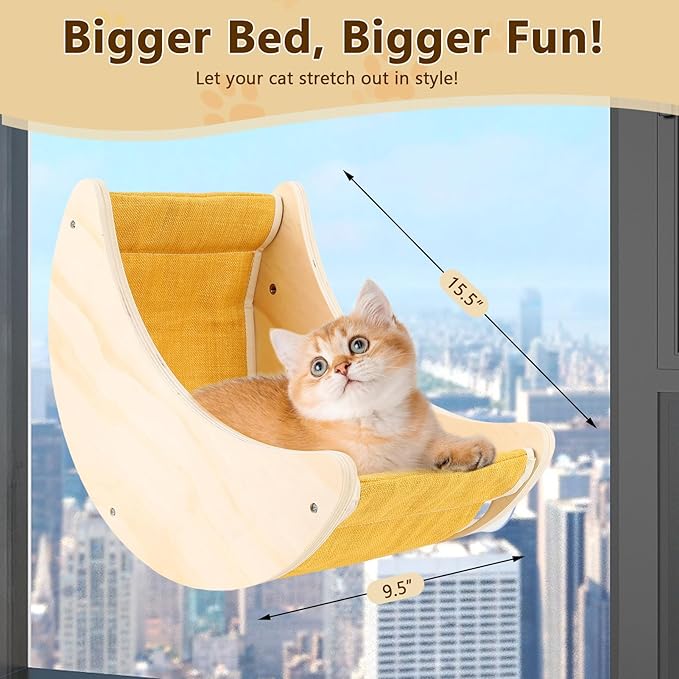 Cat Window Bed, Window Seat for Cats Inside, Wooden Half Moon Shaped Cat Window Perch with Strong Suction Cups for Sleep and Watch Birds