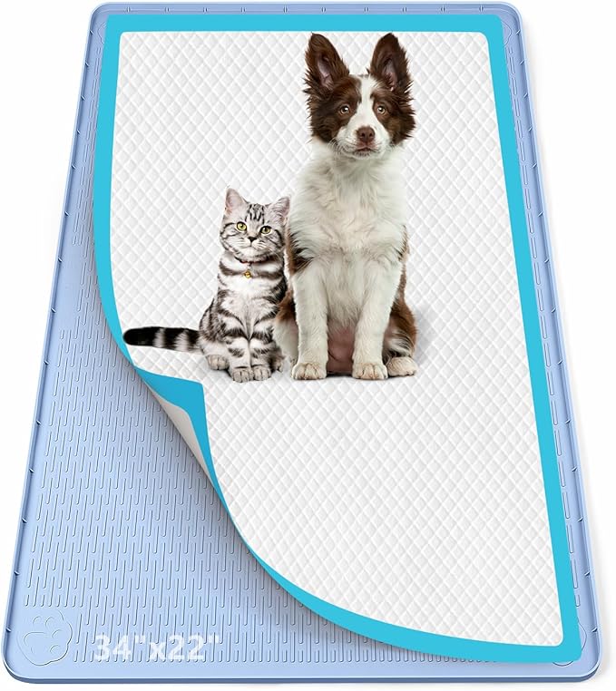 Pee Pad Holder for Dogs, 34" x 22" Silicone Pee Tray Mat Leak-Proof, High Edge, No Spill Pet Pad Holder for Puppy, Cat, Rabbit, Training Pads for Floor Protection, No Pee Pads (Blue)
