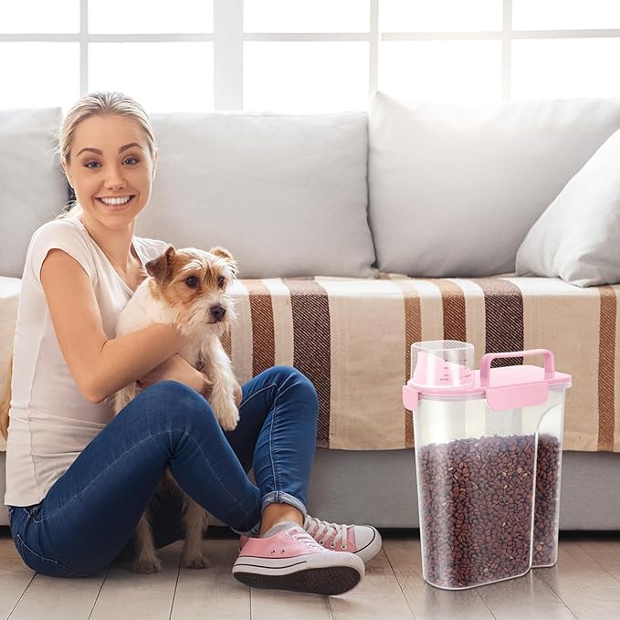 5-7Lbs Dog Cat Food Storage Container with Upgraded Large Nozzle BPA-free, 4 Snap Seals Plastic Pet Food Storage Containers with Handles (Light Pink, 5L-1pack)