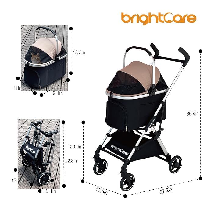 Pet Stroller for Small Dogs & Cats Under 20 lb with Detachable Carrier, Converts to Car Seat, Ultra-Lightweight only 11lb, One Hand Fold