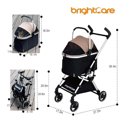 Pet Stroller for Small Dogs & Cats Under 20 lb with Detachable Carrier, Converts to Car Seat, Ultra-Lightweight only 11lb, One Hand Fold