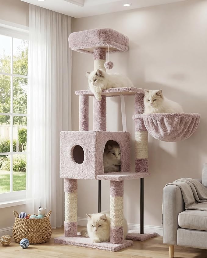 Heybly Cat Tree, 49.2 Inches Cat Tower for Indoor Cats, Spacious Cat House Condo with Hidden Space，Sturdy Steel Tube，Soft Plush Top Perch，Cozy Hammock and Sisal Scratching Posts, Muchroom HCT200SMU