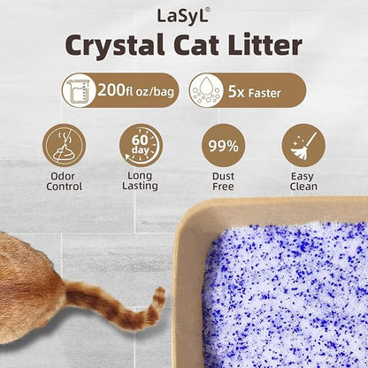 LaSyL Crystal Cat Litter for Multi-Cat Households - 8.6 lb Silica Gel, 30-Day Odor Control, 99.9% Dust-Free Non-Clumping Low Tracking Lightweight Unscented Formula (2 Bags x 4.3lb)