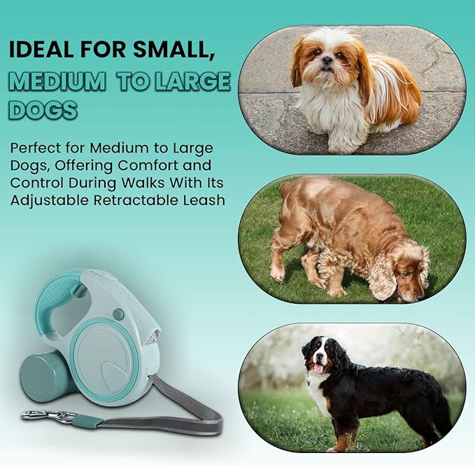Retractable Dog Fancy Leash with Flashlight and Dispenser, 16 ft Dog Retractable Leash is Perfect for Safe and Comfortable Walking with Your Pet - Suitable for Dogs - Green