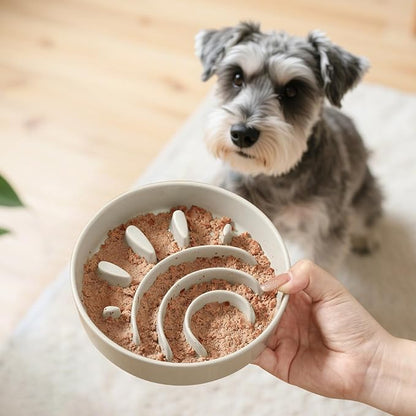 Ceramic Slow Feeder Dog Bowl - Feeding Dish for Fast Eaters - Maze Dog Bowl to Slow Down Eating - Ideal Food Control Dish for Small Breeds - 0.8 Cups (80g) - 6.3 Inch - Grey