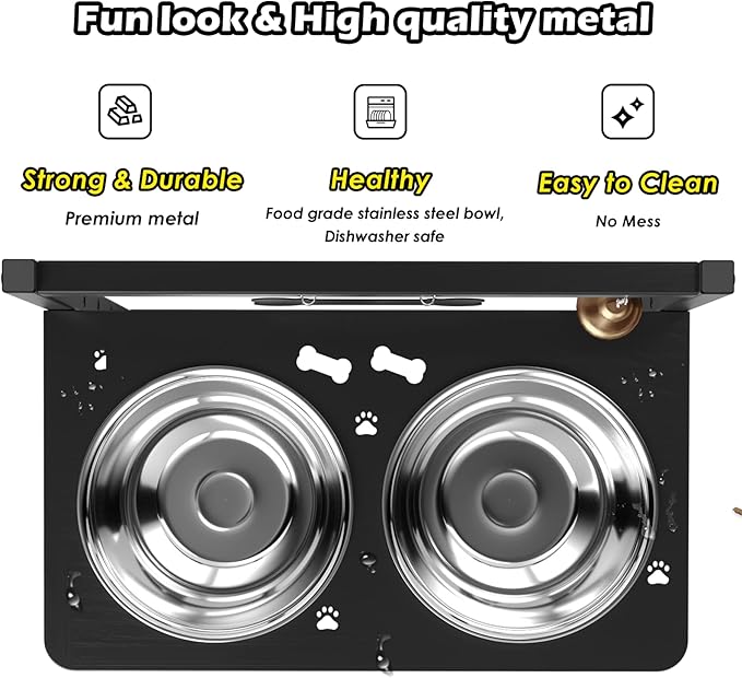 SHAINFUN Elevated Dog Bowls with Mat, Adjustable Height 4.3''-11.8'', Metal Stand, Two 1.7L Stainless Steel Food & Water Bowls for Large, Medium Dogs