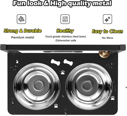 SHAINFUN Elevated Dog Bowls with Mat, Adjustable Height 4.3''-11.8'', Metal Stand, Two 1.7L Stainless Steel Food & Water Bowls for Large, Medium Dogs