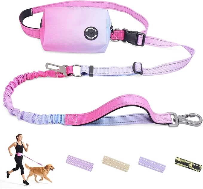 Hands Free Dual Handle Retractable Bungee Leash with Reflective Trim, Adjustable Waist Belt for Dog Walking, Running, Hiking - Durable Nylon Leash for Medium Large Dogs, Pink