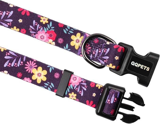 QQPETS Adjustable Soft Dog Collar: Print Flower Pink Multicolor Cute Patterns for XS Small Medium Large Pet Girl Boy Puppy Walking Running Training (L, Elegant Purple)