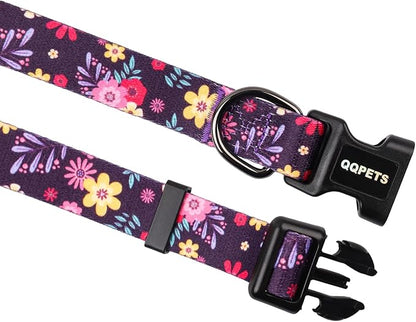 QQPETS Adjustable Soft Dog Collar: Print Flower Pink Multicolor Cute Patterns for XS Small Medium Large Pet Girl Boy Puppy Walking Running Training (L, Elegant Purple)