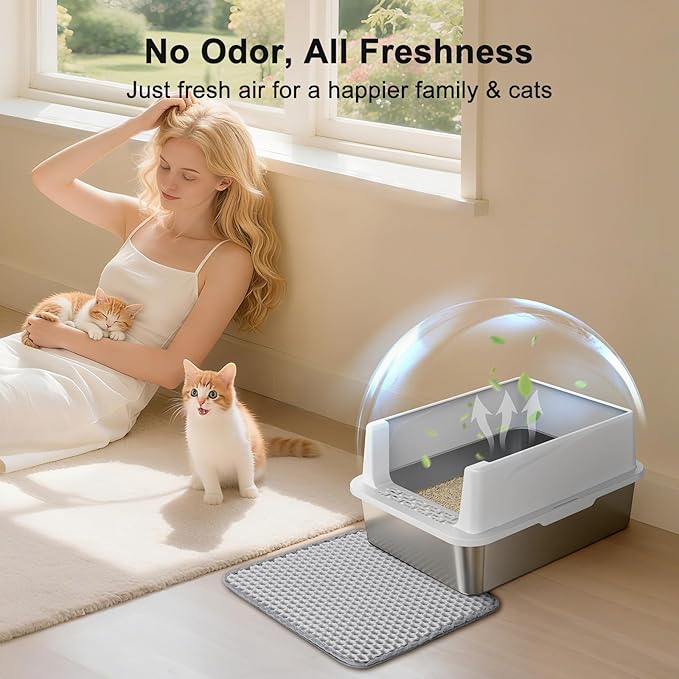 FURTIME Stainless Steel Cat Litter Box with Lid, Metal Kitty Litter Box for Small Cats, Kitten Litter Boxs with Scoop and Mat, Non-Sticky, Anti-Leakage, Easy to Clean, 17"x13"x8.4" (Small)