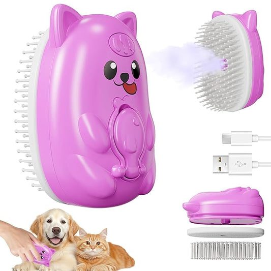 3 in 1 Cat Steam Brush for Shedding, Pet Steam brush for Dog & Cat Shedding & Grooming, for Long & Short Haired Pets, Spritz Defur Comb (rose red)